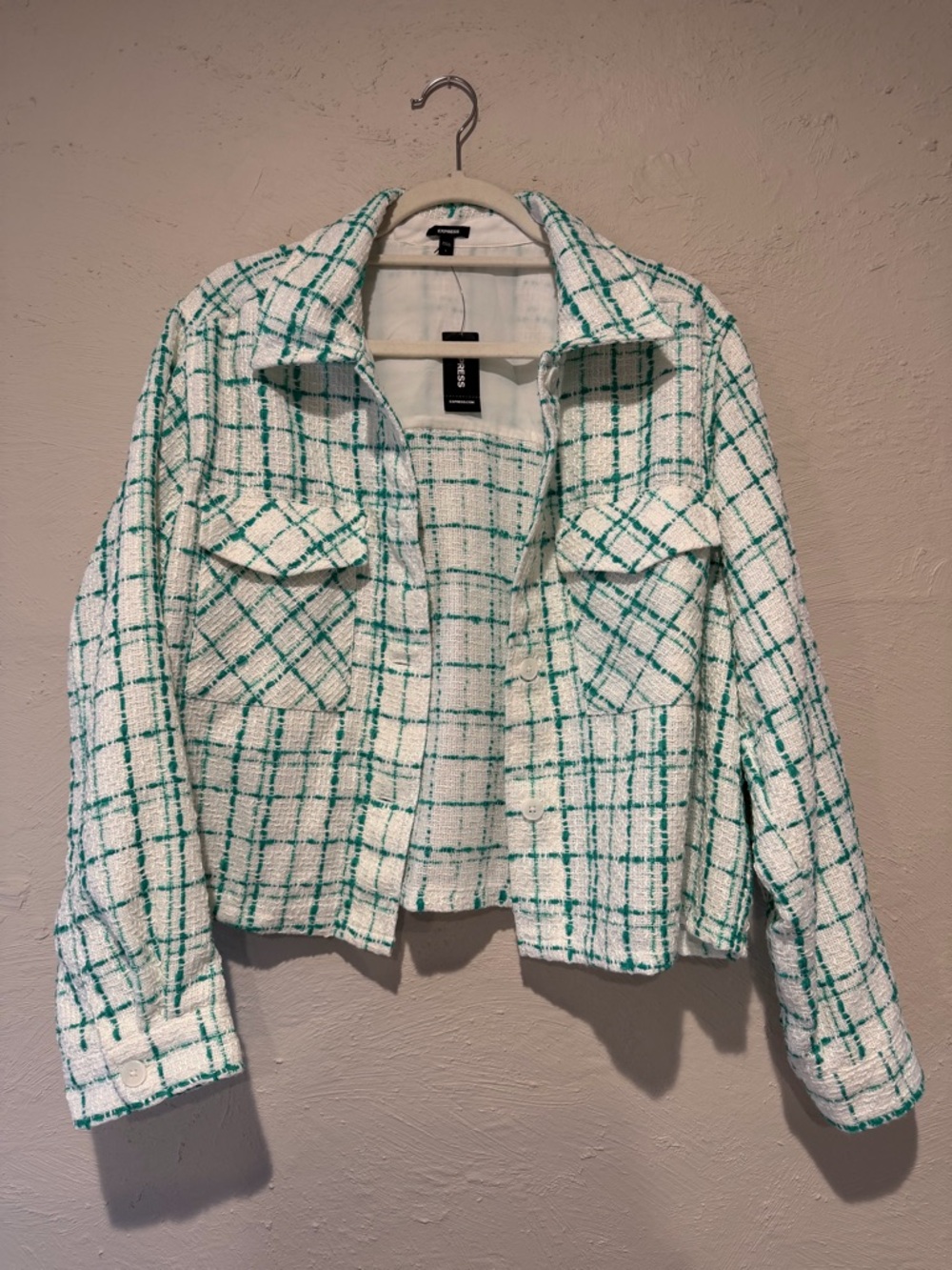 Express White & Teal Plaid Cropped Jacket